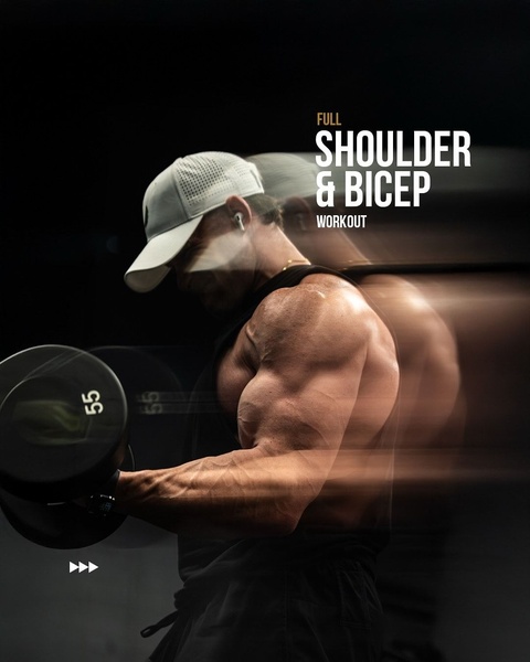 A high-contrast 4:5 creative featuring a muscular athlete performing a bicep curl with a dumbbell, using motion blur to emphasize intensity.